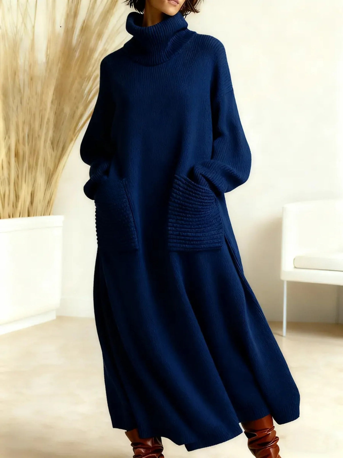 Navy Blue wool high neck knit maxi dress