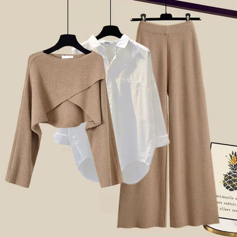 Brown wool knit jumper, shirt and wide leg trouser set