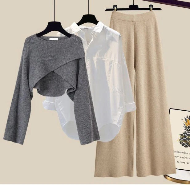 Gray Biege wool knit jumper, shirt and wide leg trouser set