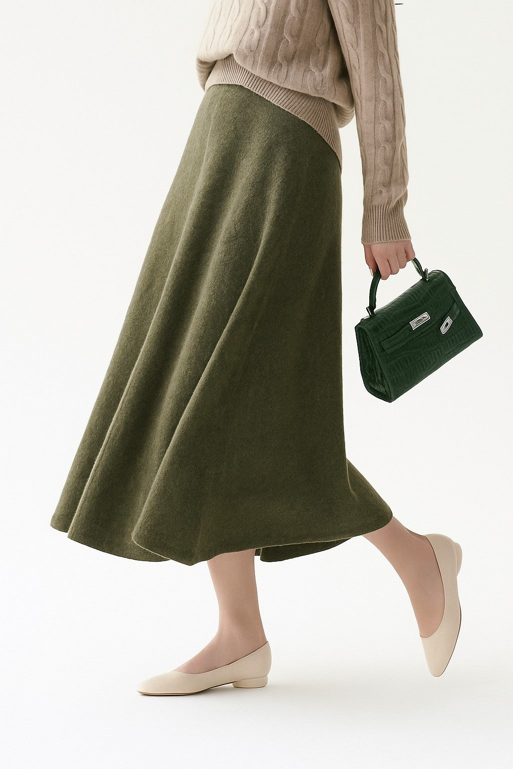 Olive wool knit midi skirt