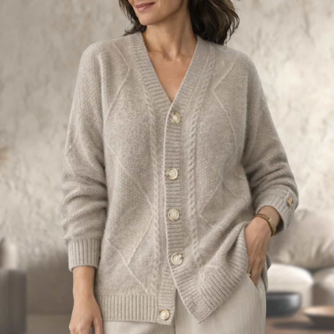 Khaki wool knit v-neck button cardigan