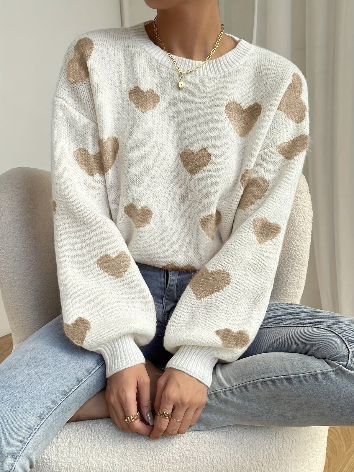 White wool mix heart knit jumper