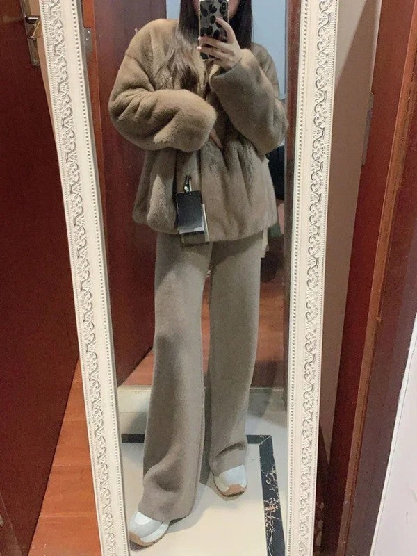 Khaki wool mix wide leg knit trousers