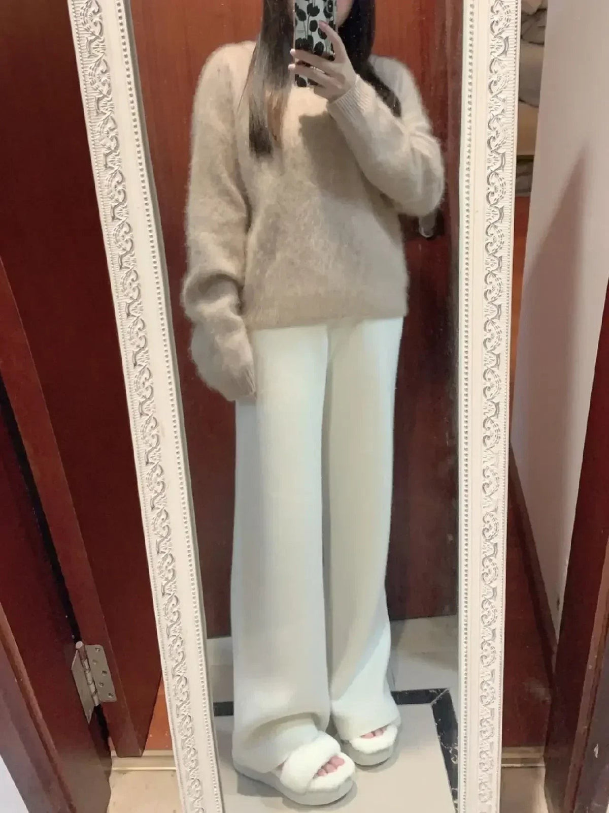 White wool mix wide leg knit trousers