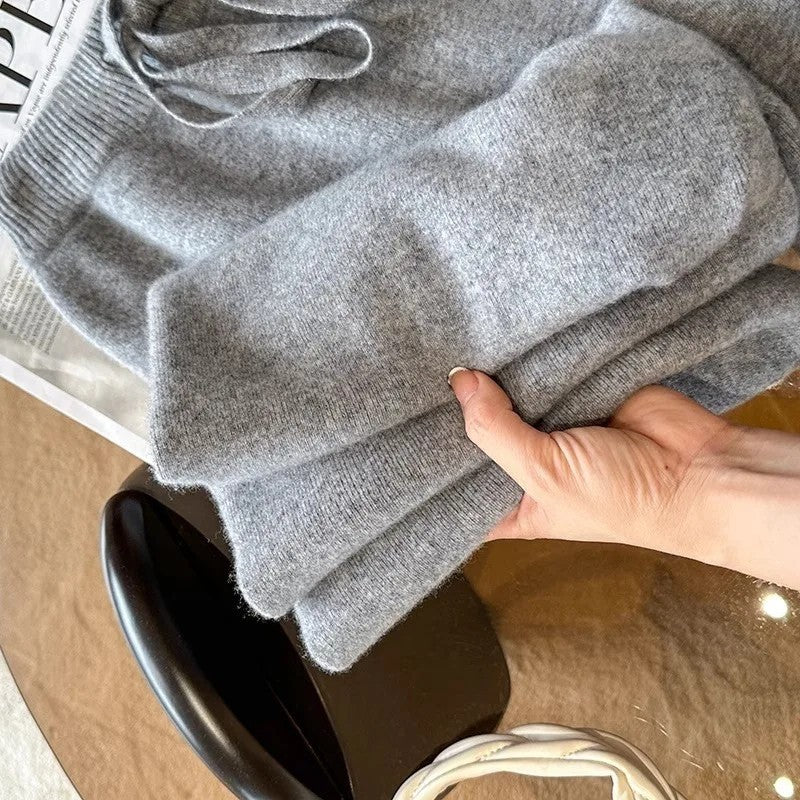 Wool mix wide leg knit trousers