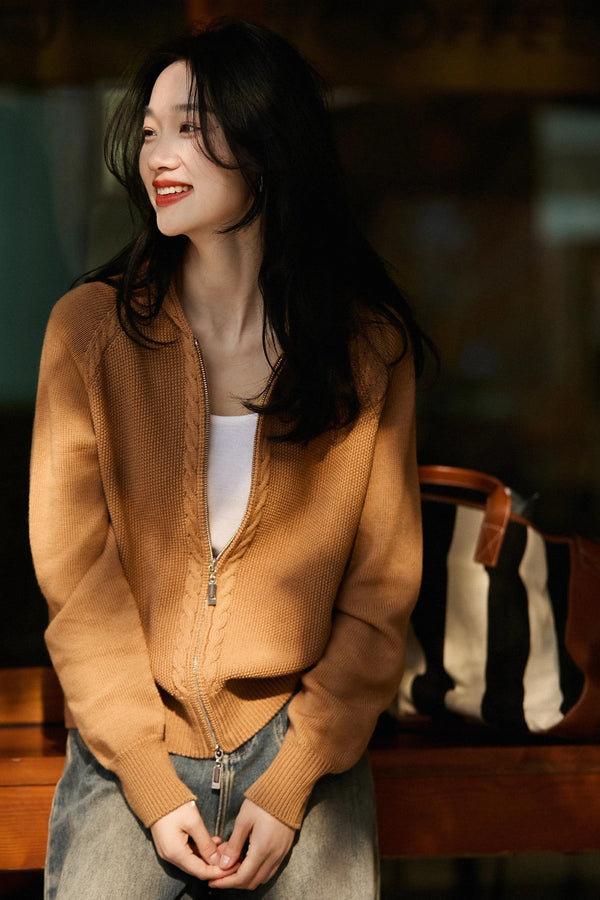 Zip-up cable knit cardigan
