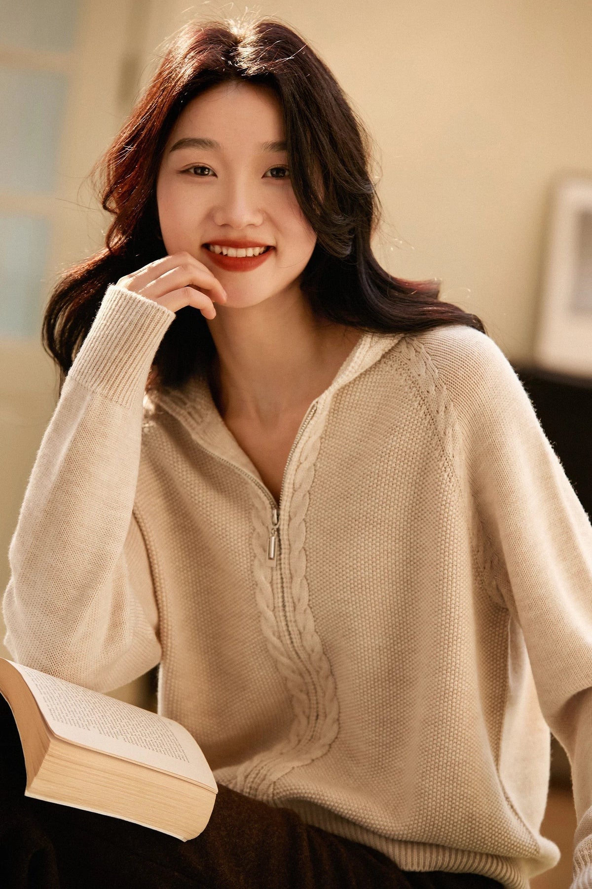 Beige zip-up cable knit cardigan